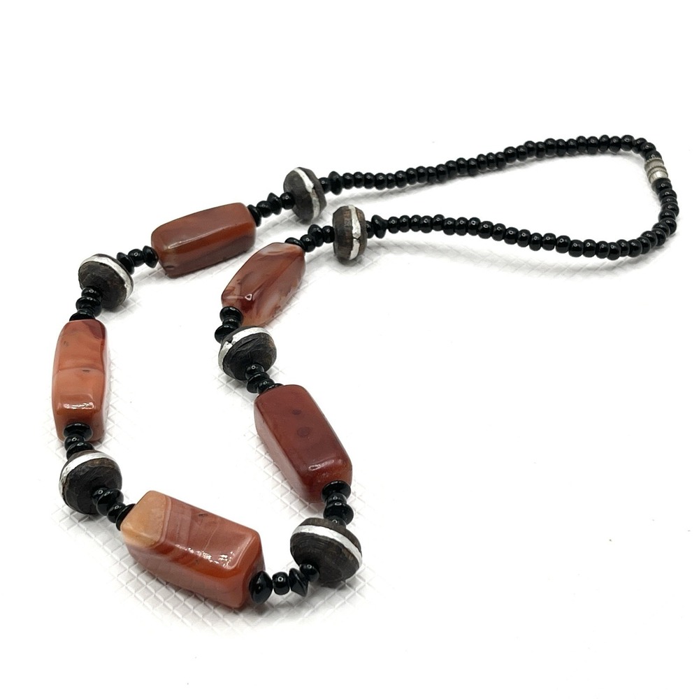 Vintage Polished Agate Stone Glass and Painted Wood Bead Necklace Boho 18"